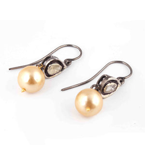1 Pair Antique Finish  Polki Diamond With Pearl Hoop Earrings - 925 Sterling Silver - Polki Earrings 31mmx11mm-16mmx9mm ED641