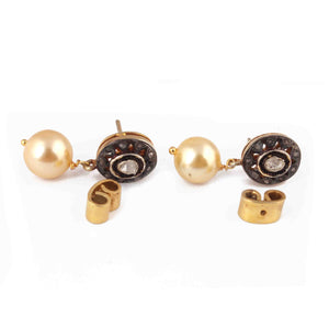 1 Pair Pave Diamond With Rose Cut Diamond Pearl Stud Earrings - 925 Sterling Vermeil - Polki Earrings 15mmx11mm ED645