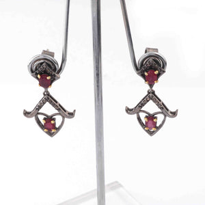 1 Pair Pave Diamond Ruby Earrings Studs With Back Stoppers - 925 Sterling Silver - 33mmx19mm ED628