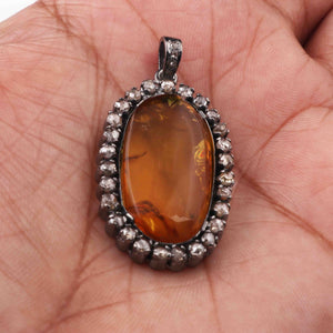 1 Pc Pave Diamond Amber Oval Pendant Over 925 Sterling Silver - Gemstone Pendant 36mmx21mm PD1899
