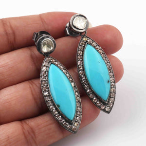 1 Pair Genuine Double Cut Diamond Turquoise With Rose Cut Earring - Diamond Earrings - 925 Sterling Silver 40mmx16mm ED322