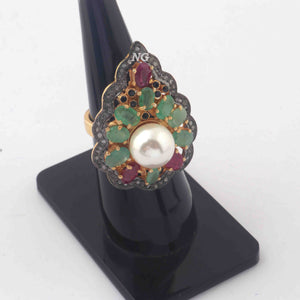 1 PC Beautiful Pave Diamond Center In Pearl Ring -Emerald & Ruby Ring - 925 Sterling Vermeil- Gemstone Ring Size-6.75 RD244
