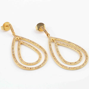 1 Pair Antique finish Pave Diamond Pear Designer Stud Earrings With Back Stoppers - Yellow Gold  43mmx25mm RRED004