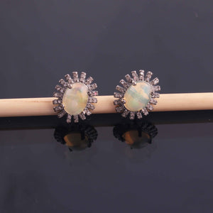 1 Pair Pave Diamond With Ethiopian Opal  Designer Stud Earrings With Back Stoppers - 925 Sterling Silver 13mmx10mm RRED025