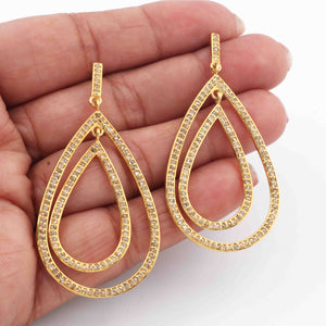 1 Pair Antique finish Pave Diamond Pear Designer Stud Earrings With Back Stoppers - Yellow Gold  43mmx25mm RRED004