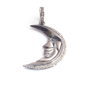 1 PC  Pave Diamond Face Crescent Moon Charm Over 925 Sterling Silver & Yellow Gold  Pendant - 35mmX19mm PD135