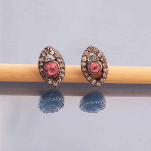 1 Pair Pave Diamond With Pink Tourmaline Evil Eye Stud Earrings With Stopper - 925 Sterling Silver 10mmx06mm ED125