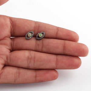 1 Pair Pave Diamond With Ethiopian Opal Evil Eye Stud Earrings With Stopper - 925 Sterling Silver 10mmx06mm ED029