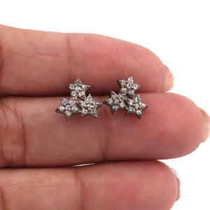 1 Pair Antique Finish Pave Diamond Designer Star  Stud Earrings - 925 Sterling Silver- 10mm RRED008