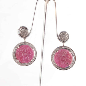 1 Pair Antique Finish Pave Diamond With Curved Ruby Earring - 925 Sterling Silver -Diamond Earrings -10mmx8mm-26mmx23mm ED247