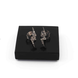 1 Pair Antique finish Pave Diamond Thunder Bolt Designer Stud Earrings With Back Stoppers - 925 Sterling Silver 17mmx5mm RRED003