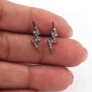 1 Pair Antique finish Pave Diamond Thunder Bolt Designer Stud Earrings With Back Stoppers - 925 Sterling Silver 17mmx5mm RRED003