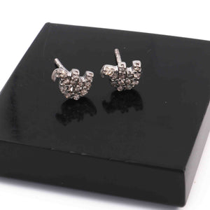 1 Pair Antique Finish Pave Diamond Elephant Designer Stud Earrings With Back Stoppers - 925 Sterling Silver 6mmx7mm RRED009