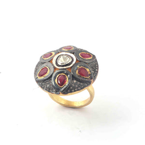 1 PC Beautiful Pave Diamond Ruby With Rose Cut Diamond Ring - 925 Sterling Vermeil- Polki Ring Size-8.25 Rd124