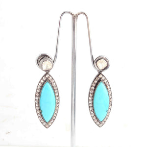 1 Pair Genuine Double Cut Diamond Turquoise With Rose Cut Earring - Diamond Earrings - 925 Sterling Silver 40mmx16mm ED322