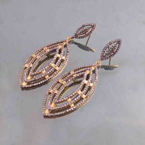 1 Pair Pave Diamond 925 Sterling Vermeil Designer Long Earrings - With Back Stoppers 43mmx20mm-18mmx97mm ED311