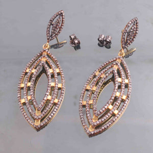 1 Pair Pave Diamond 925 Sterling Vermeil Designer Long Earrings - With Back Stoppers 43mmx20mm-18mmx97mm ED311