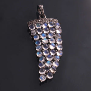 1 Pc Pave Diamond Horn Charm With Flash Rainbow Moonstone 925 Sterling Silver Pendant 6mmx2mm-38mmx17mm  PD136