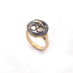 1 PC Beautiful Pave Diamond With Rose Cut Diamond Ring -Aquamarine & Blue Sapphire Ring - 925 Sterling Vermeil- Gemstone Ring Size-8 RD134