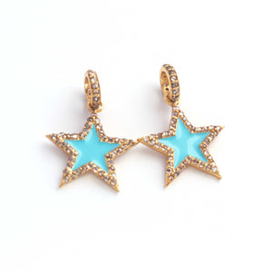 1 Pc Pave Diamond Turquoise  Bakelite Star Yellow Gold Pendant Enamel Diamond  - 21mmx18mm PD131