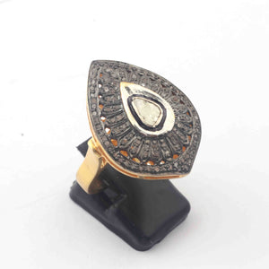 1 PC Pave Diamond Finest Quality Rose Cut Diamond Ring - 925 Sterling Vermeil - Pear Shape Polki - Size-9 RD417