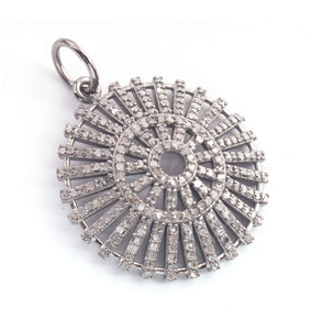 1 Pc Antique Finish Pave Diamond Round Pendant - 925 Sterling Silver - Necklace Pendant 31mmx24mm PD1010