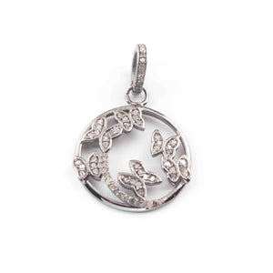 1 Pc Pave Diamond Round With Butterfly Pendant - 925 Sterling Silver - 20mmx24mm PD1040