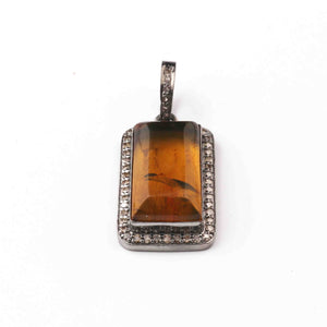 1 Pc Double Cut Diamond  Amber Rectangle Pendant Over 925 Sterling Silver - Gemstone Pendant 26mmx13mm PD1922