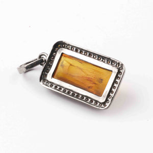 1 Pc Double Cut Diamond  Amber Rectangle Pendant Over 925 Sterling Silver - Gemstone Pendant 26mmx13mm PD1922