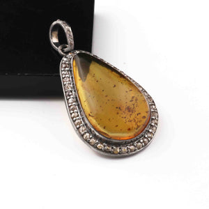 1 Pc Pave Diamond  Amber Pear Pendant Over 925 Sterling Silver - Gemstone Pendant 35mmx22mm PD1930