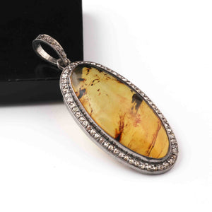 1 Pc Pave Diamond  Amber Oval Pendant Over 925 Sterling Silver - Gemstone Pendant 35mmx13mm PD1932