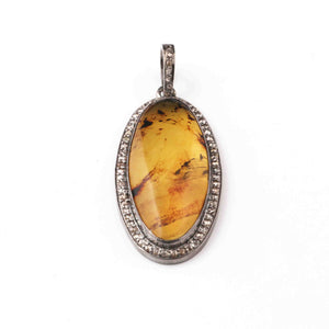1 Pc Pave Diamond  Amber Oval Pendant Over 925 Sterling Silver - Gemstone Pendant 35mmx13mm PD1932