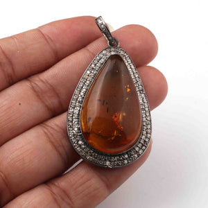 1 Pc Double Cut Diamond  Amber Oval Pendant Over 925 Sterling Silver - Gemstone Pendant 37mmx20mm PD1928