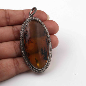 1 Pc Pave Diamond  Amber Oval Pendant Over 925 Sterling Silver - Gemstone Pendant 51mmx23mm PD1927