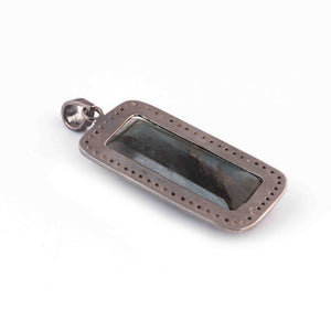 1 Pc Pave Diamond with Labradorite Pendant Over 925 Sterling Silver - Rectangle Shape Pendant 40mmx19mm PD2010