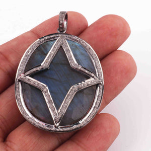 1 Pc Pave Diamond Labradorite With Star Pendant Over 925 Sterling Silver - Oval Shape Pendant 47mmx34mm PD2013