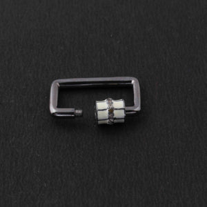 1 Pc Pave Diamond Rectangle Cream Enemel Carabiner- 925 Sterling Silver- Diamond Lock with Screw On Mechanism 21mmx14mm CB084
