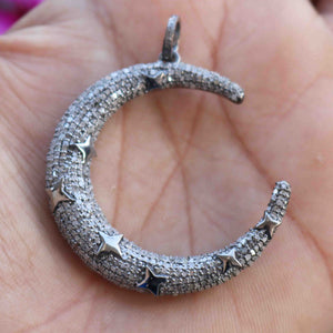 1 Pc Antique Finish Pave Diamond Crescent Moon With Star Pendant - 925 Sterling Silver  - Necklace Pendant 42mmx7mm PD1772
