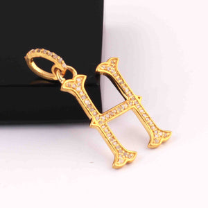 1 PC Pave Diamond Letter " H " Shape Pendant Over 925 Sterling Silver & Yellow Gold - 22mmx13mm-8mmx5mm PD1301