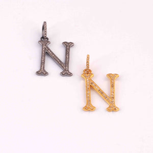 1 PC Pave Diamond Letter " N " Shape Pendant Over 925 Sterling Silver & Yellow Gold - 23mmx13mm-8mmx5mm PD1299