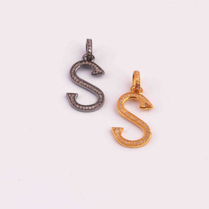 1 PC Pave Diamond Letter " S " Shape Pendant Over 925 Sterling Silver & Yellow Gold - 22mmx12mm-8mmx5mm PD1308