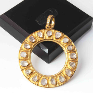 1 Pc Antique Finish Pave Diamond With RoseCut Diamond Round Designer Pendant - Yellow Gold - Necklace Pendant 35mmx31mm RRPD081