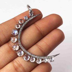 1 Pc Antique Finish Pave Diamond With Rainbow Moonstone Crescent Moon Pendant - 925 Sterling Silver - Necklace Pendant 48mmx8mm RRPD080