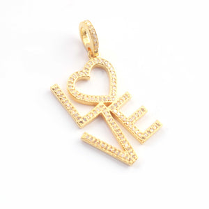 1 PC Pave Diamond " Love " Charm 925 Sterling Silver & Yellow Gold Pendant 27mmx17mm PD1917