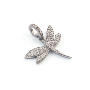 1 PC Pave Diamond Dragon Fly Charm 925 Sterling Silver & Yellow Gold Pendant 18mmx21mm PD1906