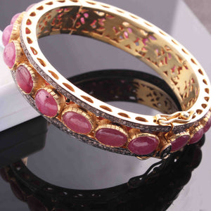 1 Pc Pave Diamond With Ruby Bangle Bracelet- 925 Sterling Vermeil- Bangle With Lock - Bracelet Bangle Size : 2.25 BD047