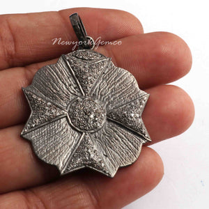 1 Pc Antique Finish Pave Diamond Designer Cross Flower Pendant - 925 Sterling Silver- Necklace Pendant 40mmx35mm PD1493