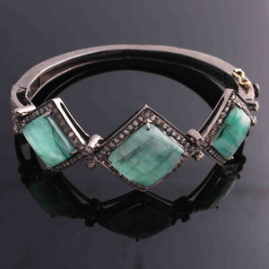1 Pc Pave Diamond Excellent Designer Green Onyx Bangle Bracelet - 925 Sterling Silver- Bracelet With Lock Size: 2.5+ BD092