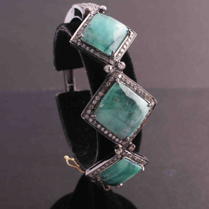 1 Pc Pave Diamond Excellent Designer Green Onyx Bangle Bracelet - 925 Sterling Silver- Bracelet With Lock Size: 2.5+ BD092