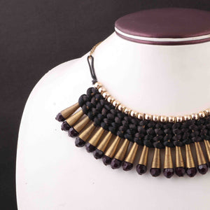 Black Color Necklace - Handmade Tribal Necklace With Earring - Brass Necklace Knitted With Silk Thread -Indian Necklace 16-Inches CN005